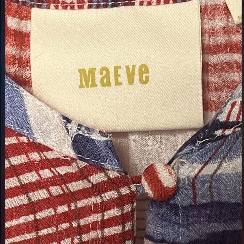 Maeve anthropologie Red and Blue Striped /plaid Blouse small rayon - Picture 2 of 9